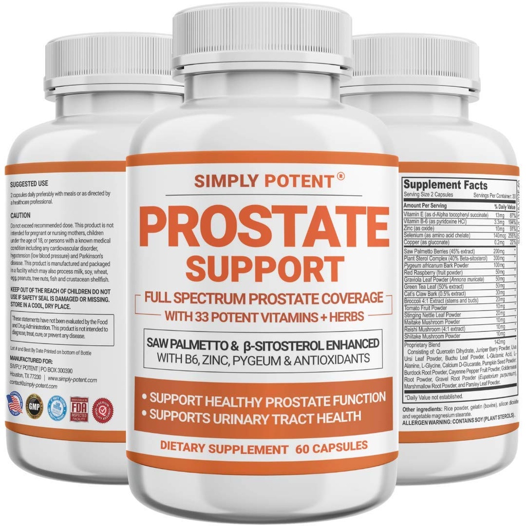 Prostaatsupplementen voor mannen, Saw Palmetto Prostate Health Support w/33 Vitaminen & Herbs - Beta Sitosterol Plus B6, Selenium & Zink voor gezonde urinefrequentie en juiste slaap (60 capsules)