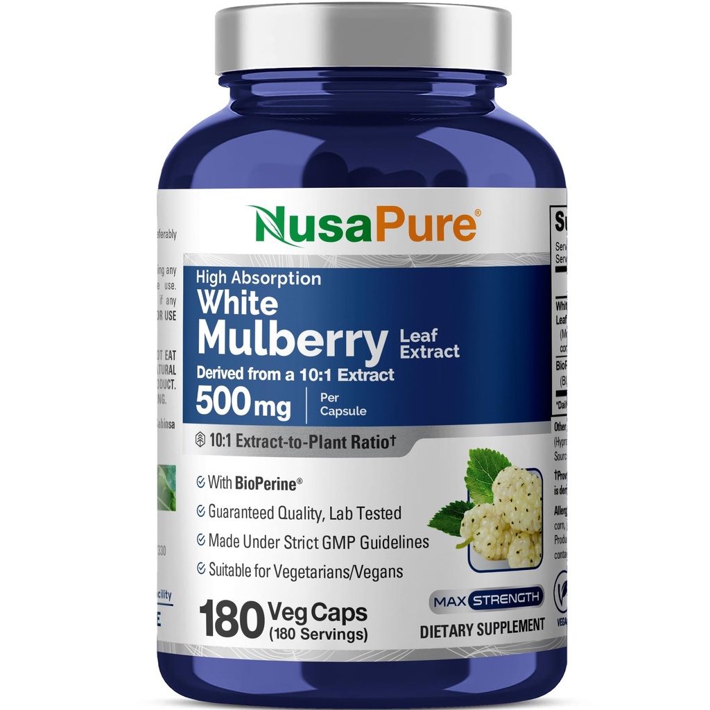 NusaPure White Mulberry Leaf Extract 10:1 Extract, 500 mg Equivalent aan 5000mg 180 Veg Caps (Vegan, Non GMO Bioperine)