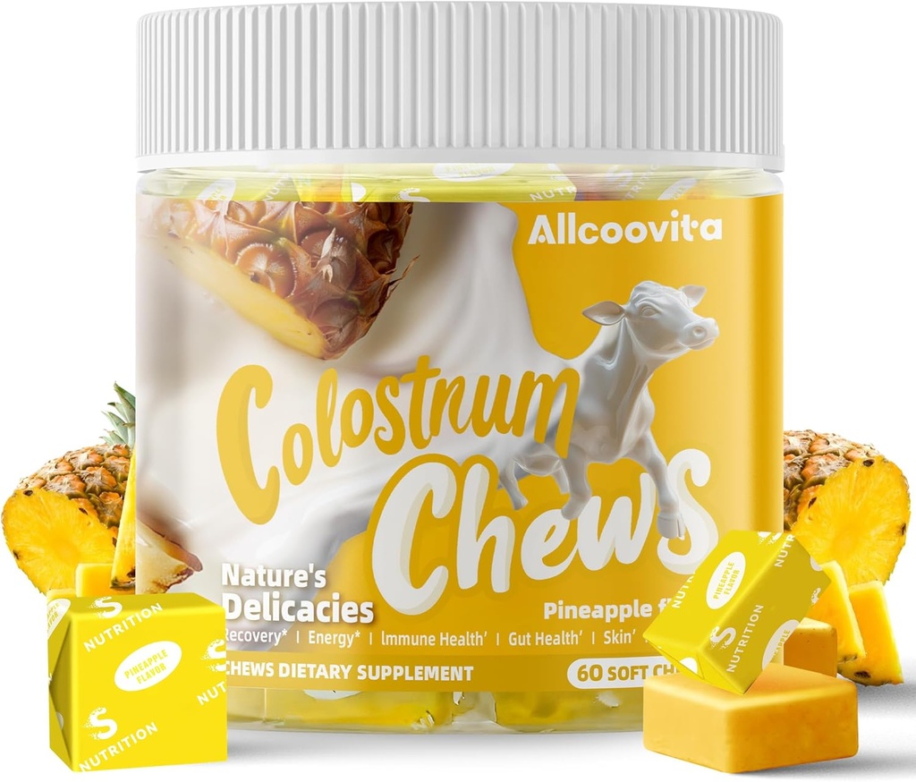 Bovine Colostrum Kauwt Supplement met probiotica voor Gut Health, Bloating, Immune Support, Huid, Haargroei en Schoonheid - Ananas smaak (60 Servers)