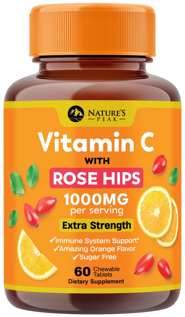 Vitamine C 1000mg Kauwbaar supplement - Extra sterkte Immuun Ondersteuning Vitamine C Dieetsupplement met Rose HIPS, Nature's VitamineC Antioxidant Ondersteuning, Natuurlijke, Veganistische, Oranje smaak - 60 tabletten