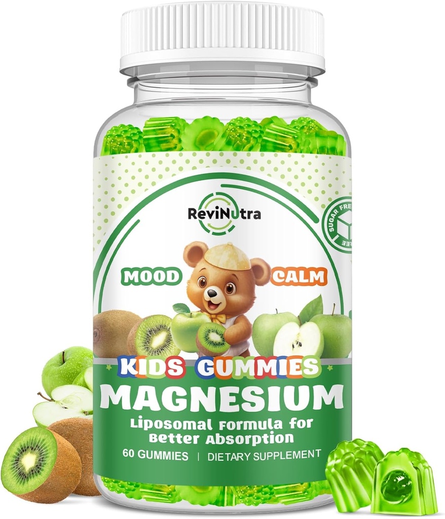 Liposomale Kids Magnesium Gummies- Magnesium Glycinate Gummies for Kids Supplement-w/Omega-3, Vitamine B6, D3- Ondersteuning Kalme Stress Relief, Bones, Mood, Green Apple & Kiwi Flavor, 60 Tellen