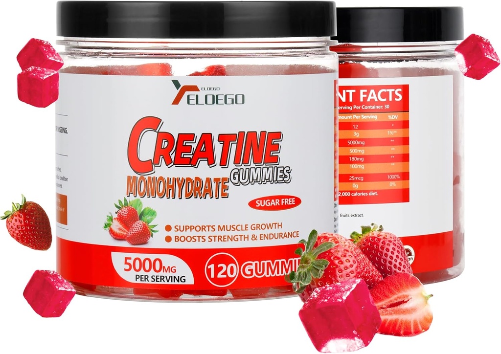 Creatine Monohydrate Gummies 5000mg Sugar Free for Men & Women, with L-Taurine + Vitamin B12 for Muscle Strength, Muscle Builder, Energy Boost, Pre-Workout Supplement, Strawberry, 120 Count