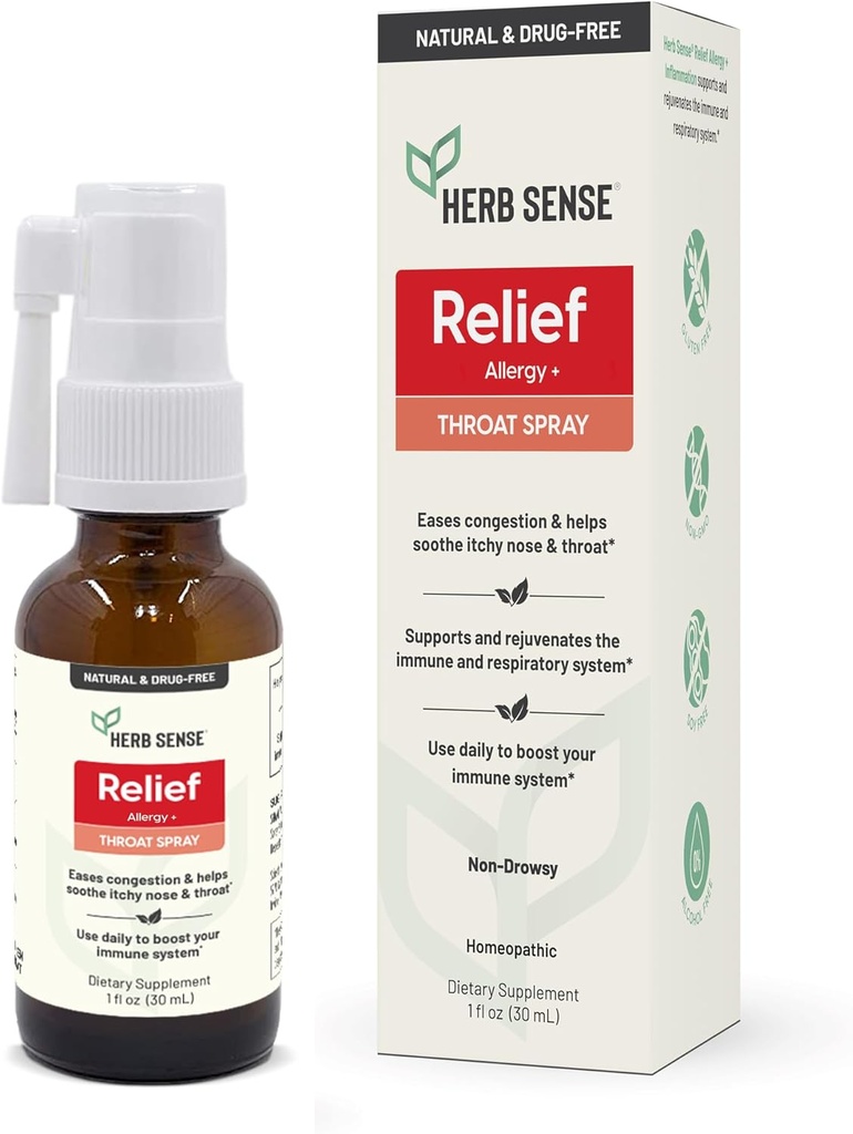 Herb Sense Allergie Relief, Throat Spray, Koelen & kalmeren, Dagelijkse ondersteuning, Drugvrij, Natuurlijke, Immuun Ondersteuning, 1 oz, Glutenvrij, Non-GMO