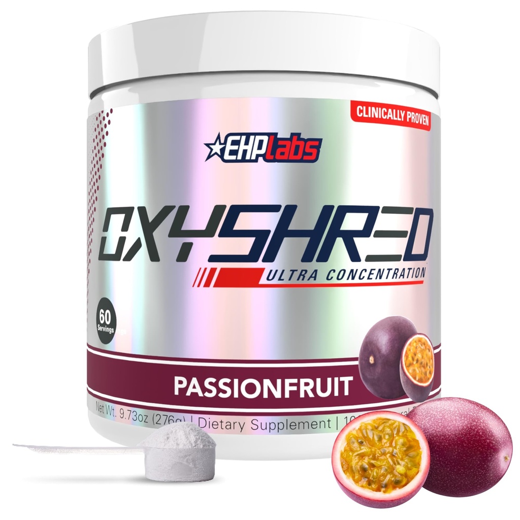 EHP Labs OxyShred Pre Workout Powder & Shredding Supplement - Preworkout Powder with L Glutamine & Acetyl L Carnitine, Energy Boost Drink - Passievruchten, 60 Servers