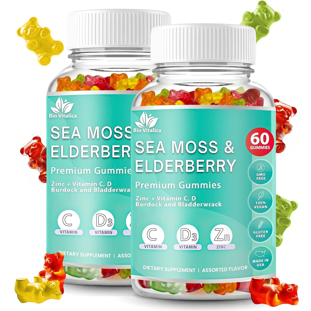 Irish Sea Moss Gummies with Elderberry – USA Made Vegan Gummies with Vitamin C, D & Zinc – Immune Support Supplement with Bladderwrack & Burdock Root for Adults & Kids – 2 Packs