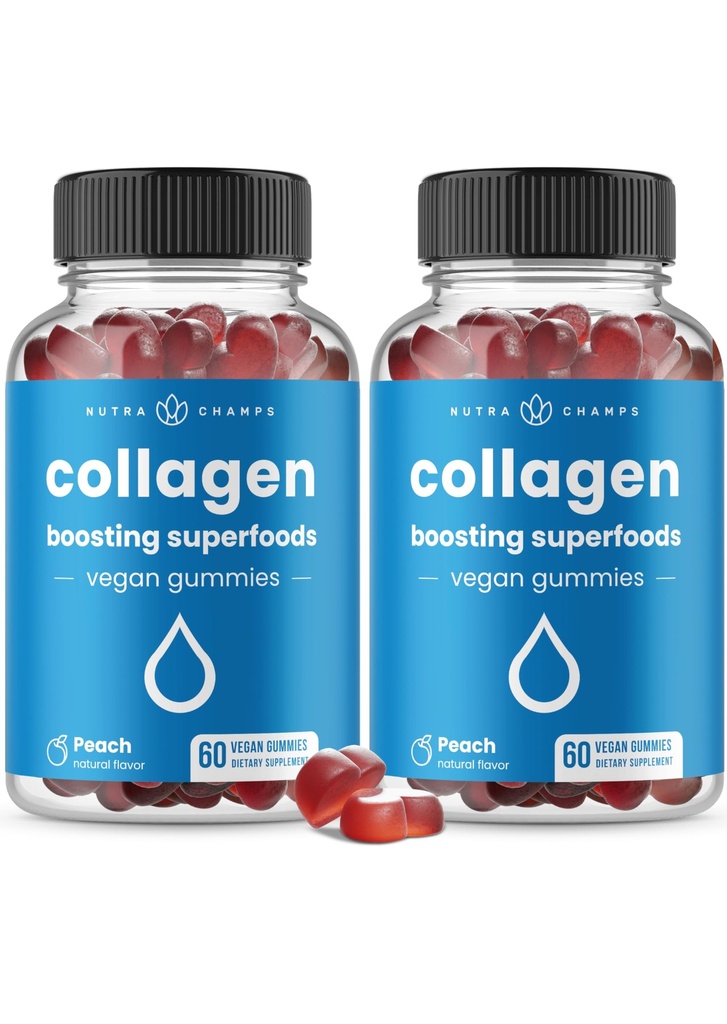NutraChamps Collageen Boosting Gummies, Collageen Booster Gummy voor natuurlijke collageen productie, Vegan pectine supplementen Kauwen voor vrouwen en mannen, 60 Peach Gummies (pakket van 2)