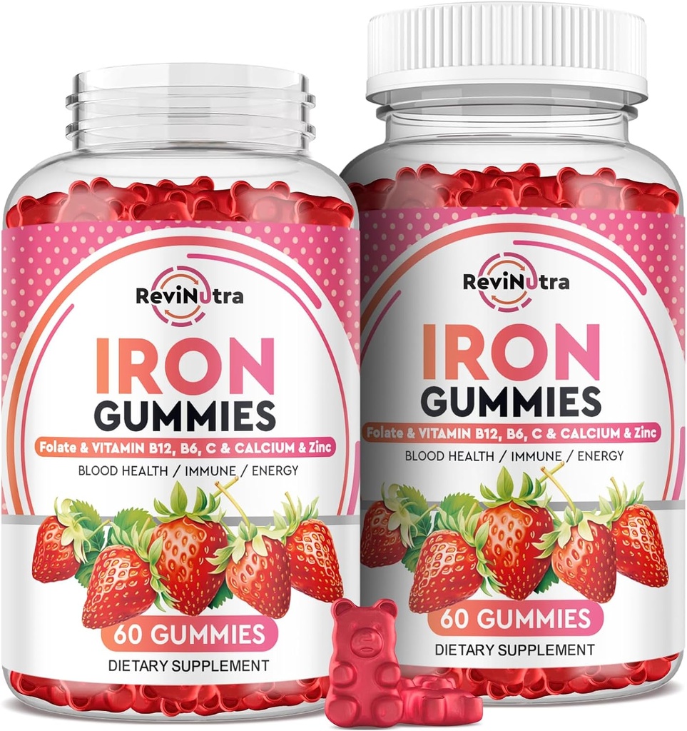 Iron Gummies - met calcium, zink, folaat en vitamine B12, C, B6 voor volwassenen en kinderen - Blood Builder & Energy Support for Iron Deficency, Anemia, Vegan - 2 Pack Strawberry Flavour,60 Gummies