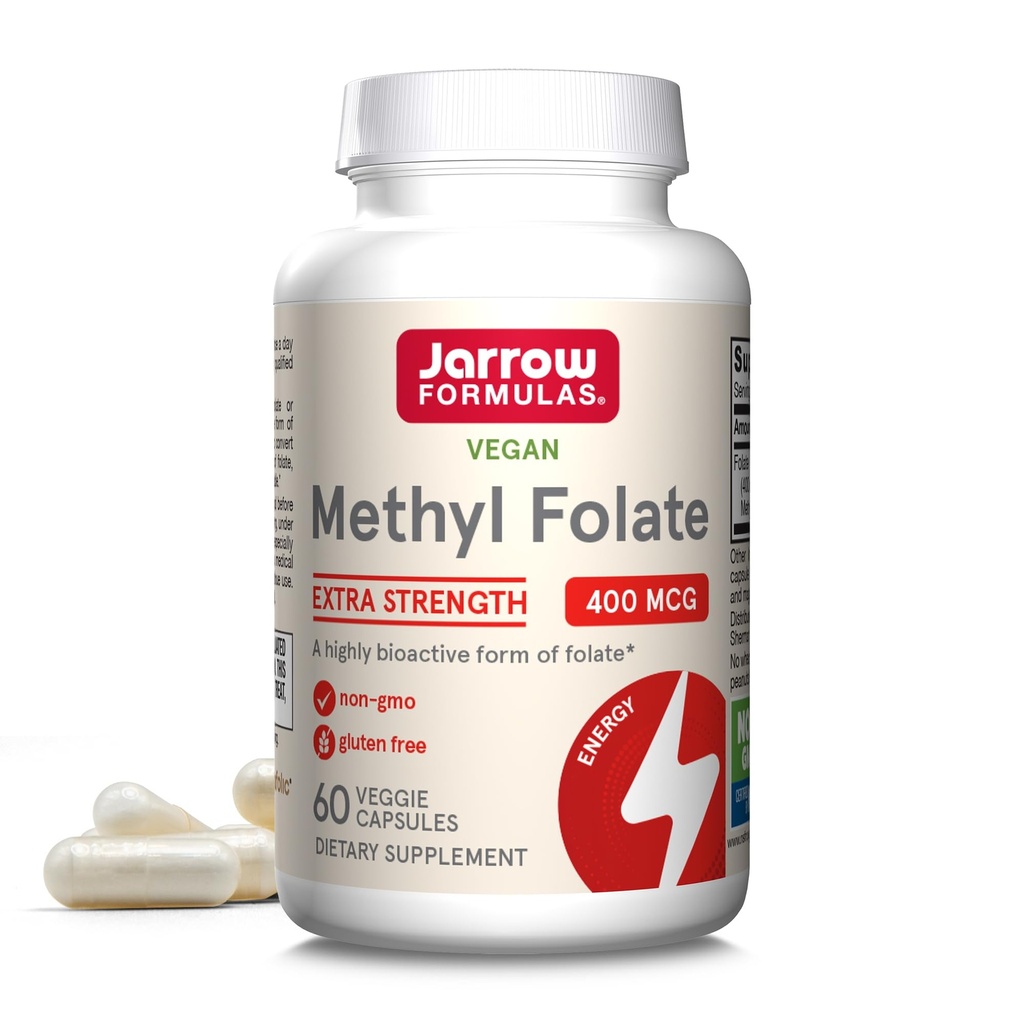 Jarrow Formules Extra sterkte Methyl Folate 400 mcg, Dieetsupplement voor Cardiovasculaire en Neurologische Gezondheidsondersteuning, 60 Veggie Capsules, 60 Day Supply