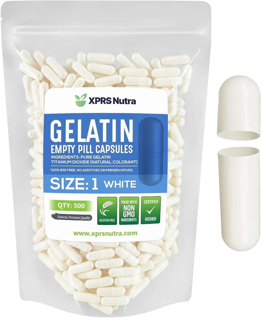 XPRS Nutra Maat 1 Lege capsules - 500 Telle Lege Gelatine Capsules - Pill DIY Capsule Filling - Pure Bovine Pill Gel Caps for Do-It-Yourself Supplements (White)