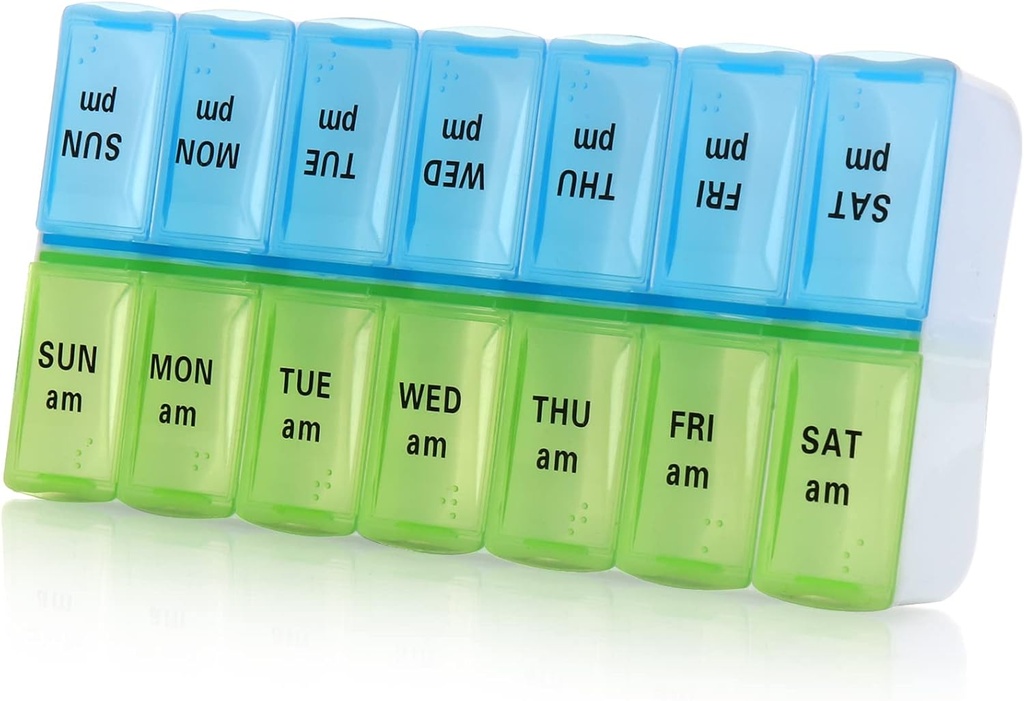 7 Dag Week Pillen Organisator, Grote Dagelijkse Pillen Organisator 2 keer per dag, AM PM Pillen Case, Dag Nacht Pillen Container 7 Dag 14 Compartimenten voor Pillen Vitamine Medicatie (Blauw + Groen)