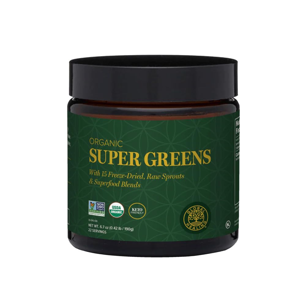Global Healing Organic Super Greens Powder Blend - Greens Superfood Powder with 15 Raw Whole Spruitjes - Delicious Green Juice Smoothie Mix for Daily Nutrition - Non-GMO, Glutenvrije Greens Supplementen