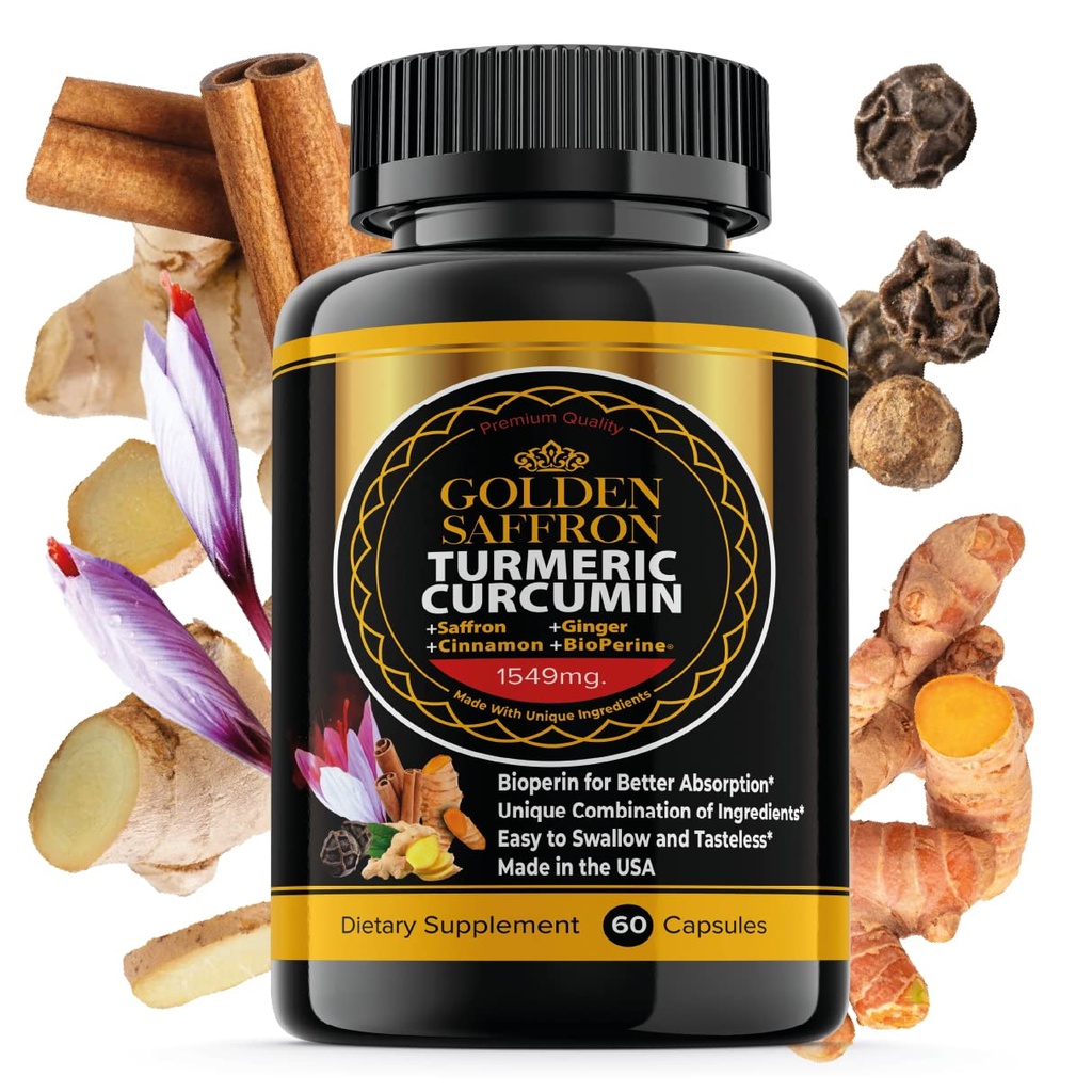 GOLDEN SAFFRON Turmeric Curcumin Supplement met Bioperine, Saffron, Kaneel en Gember - Hoge Potentie, Non-GMO, Glutenvrije Supplement voor een betere effectiviteit. Made in USA