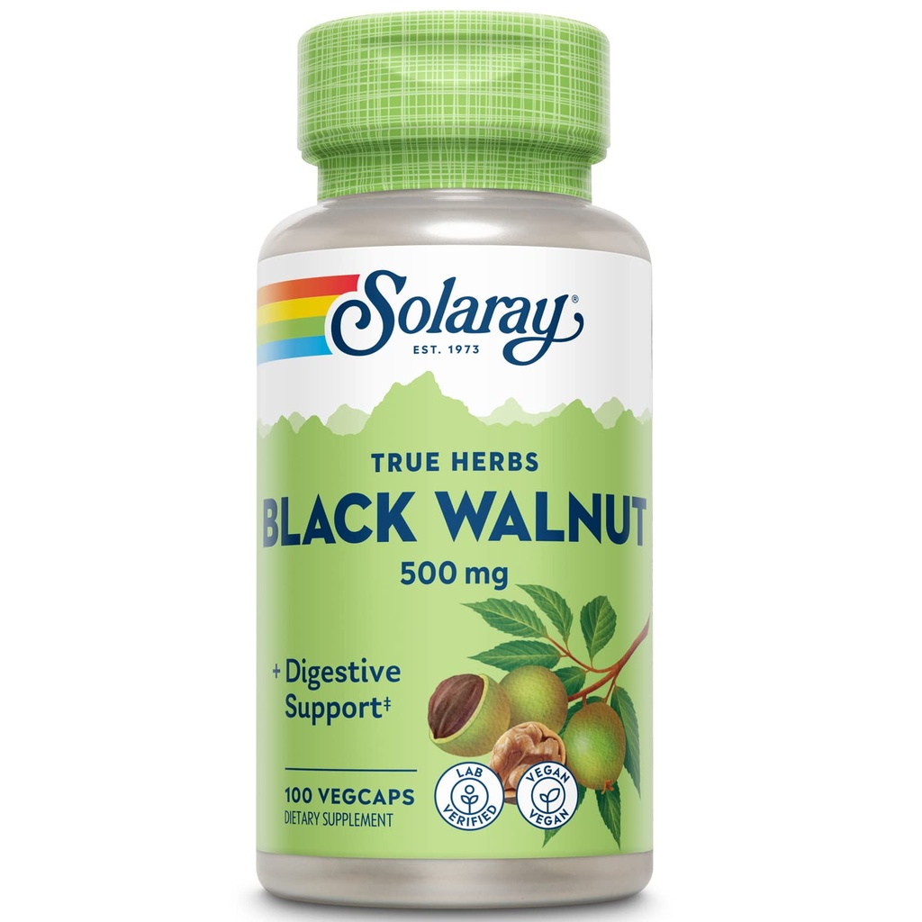 SOLARAY Black Walnut 500 mg - Whole Hull - Traditional Herbal Support Formula - Non-GMO Verified, Vegan, Lab Verified - 60-Day Guarantee - 100 Servings, 100 VegCaps