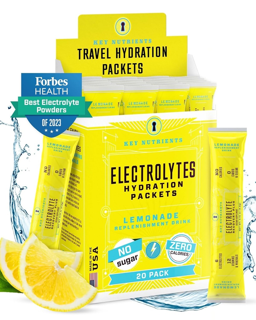 KEY NUTRIËNTEN Electrolytes Poeder Paketten - Verfrissende Limonade 20 Pack Hydration Packets - Travel Hydration Powder - No Sugar, No Calories, Glutenvrij - Made in USA