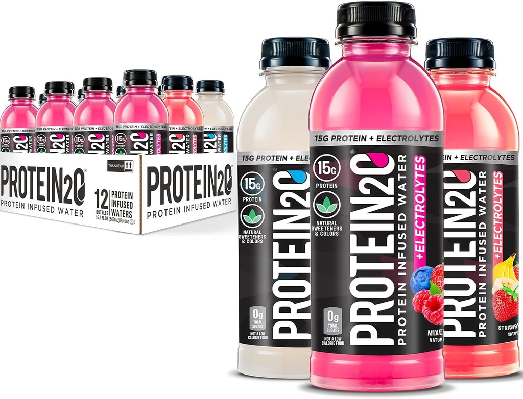 Proteïne2o 15g Wei Proteïne Isolaat Geïnfundeerd Water Plus Elektrolyten, Suikervrije Sportdrank, Klaar om te drinken, Glutenvrij, Lactosevrij, Elektrolyt Variety Pack, 16,9 floz Flesje (12 Aantal)