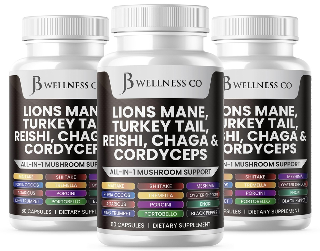 Leeuwen Mane supplement Cognitieve ondersteuning, Immune Health met Turkije staart 20in1 paddo Reishi Cordyceps Chaga met Marshmallow Root -180 Tel.