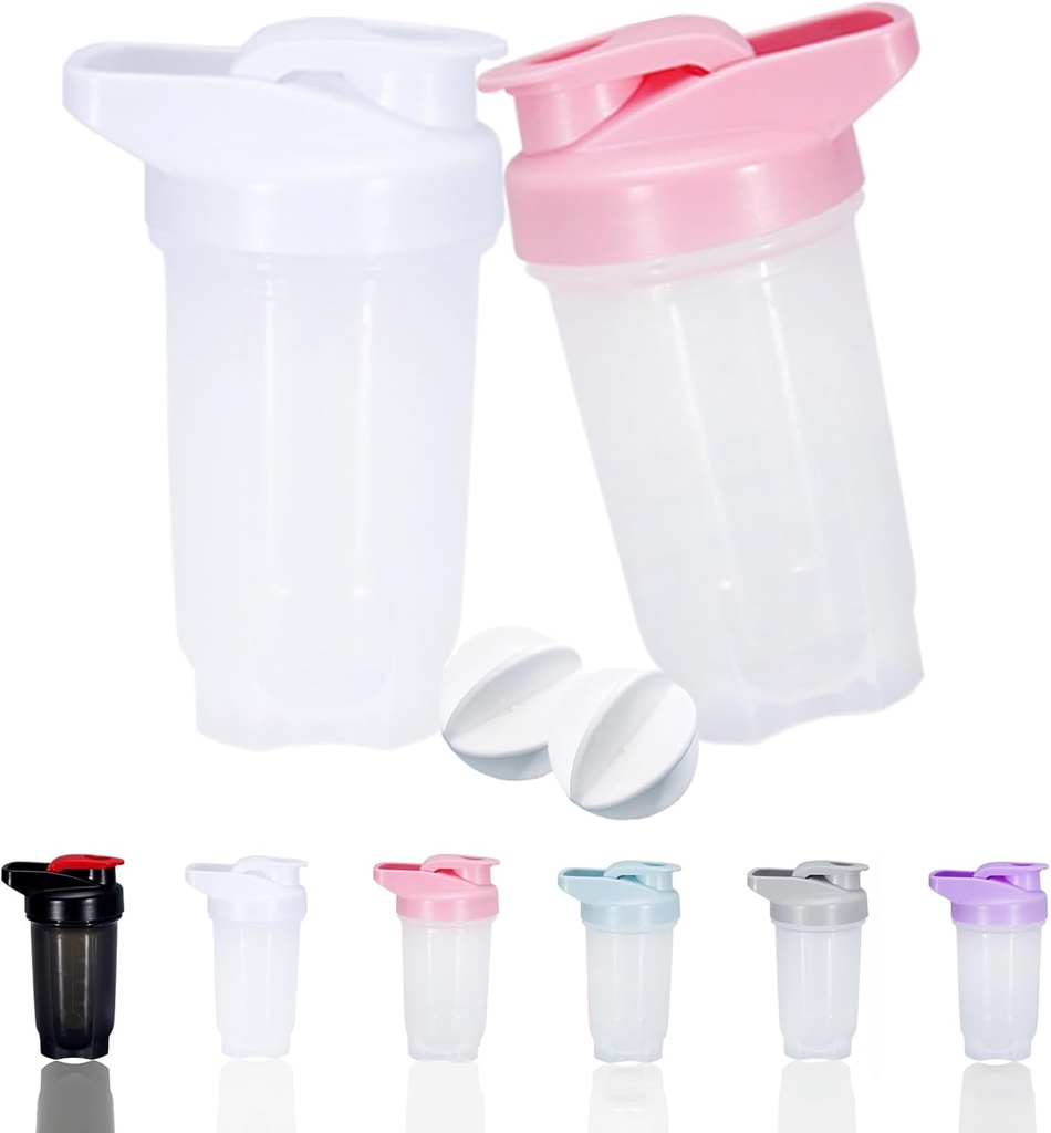 Shaker Bottle Protein Shakes Cup en 10-Ounce/300ML Shaker Bottle with Whisk Balls, Protein Shaker Bottles Set, Non-BPA plastic(White+Pink(2PCS))