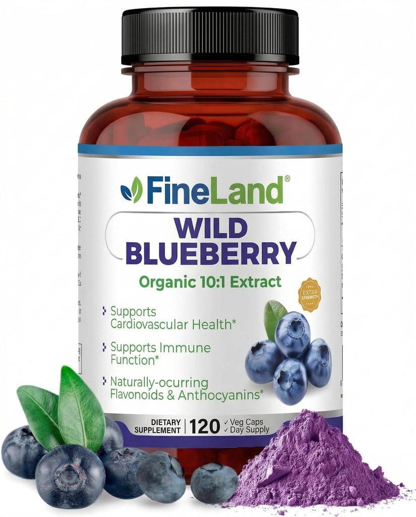 FineLand Wild Blueberry 10:1 Extract, 6.000 mg sterkte, 120 Vegan Capsules, rijk aan flavonoïden en anthocyanen, antioxidant ondersteuning voor hersenen en gezondheid van het hart, 4-maand levering, niet-GMO Made in USA