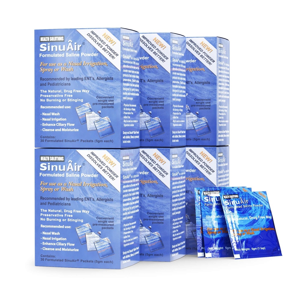 SinuAir Sinus Sinse Zoutoplossing - Salinepoeder voor SinuPulse-systeem, Neti Pot Flush, Nasal Wash Knijpfles, & Neus Irrigatie, Verbeterde Formulatie & Reiniging voor Sinussen, 180 Pakjes