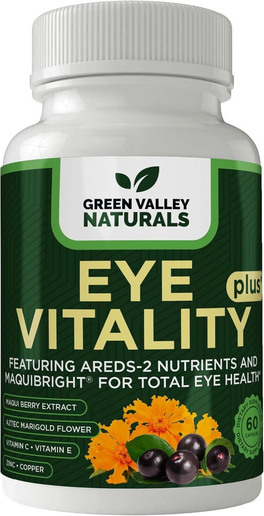 GREEN VALLEY NATUURLIJKE Oog vitaliteit Plus Supplement, met Areds-2 Nutriënten, Maquibright, Marigold Flower, Vitaminen C & E, Zink, Koper, 60 Capsules (1)