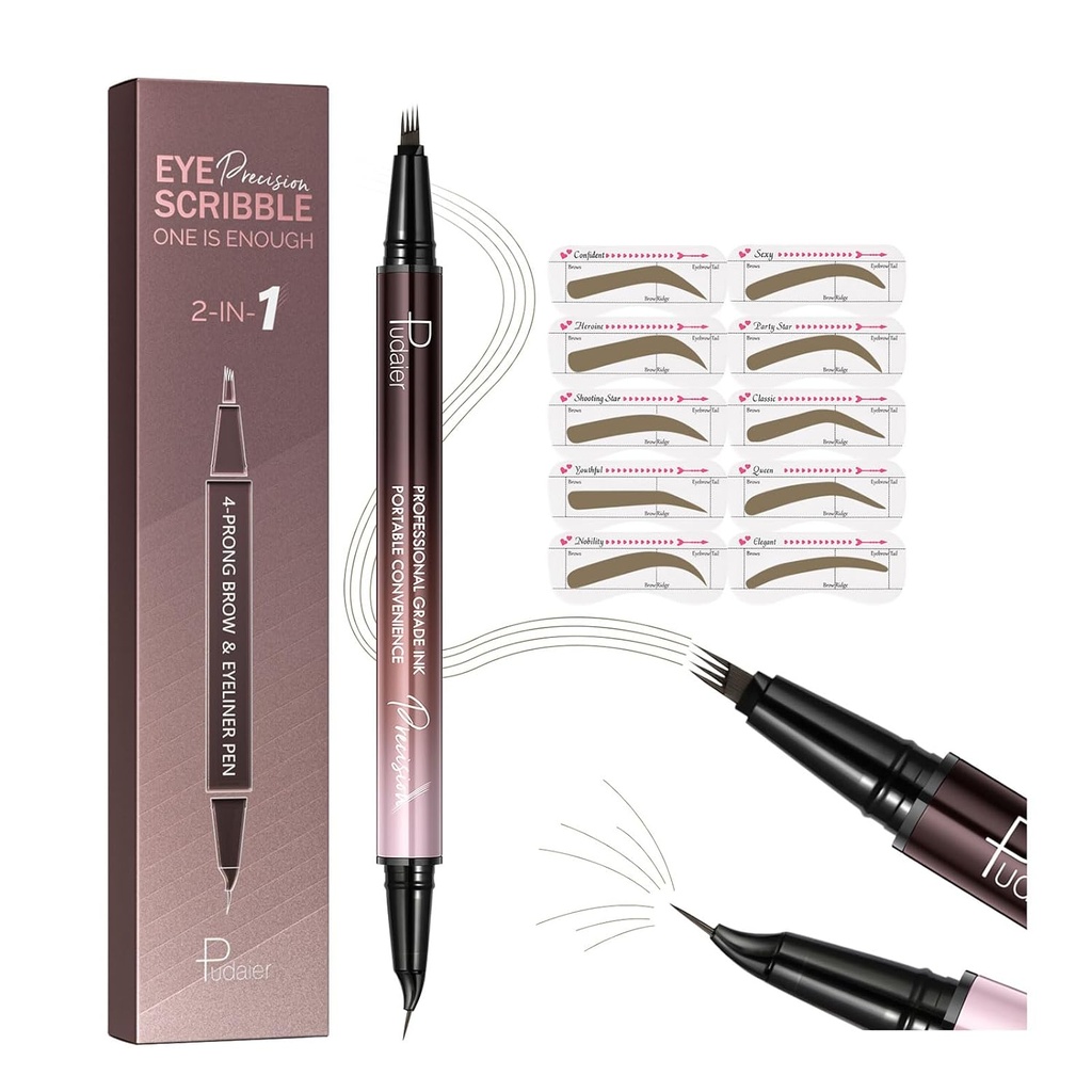 Pudaier 2-in-1 gebogen wenkbrauw Pen & Eyeliner met 10Scs wenkbrauw Stencils, Microbladerende wenkbrauwpotlood, waterdichte & Long Lasting, Truffel