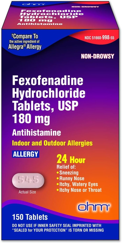 Ohm Allergie Geneeskunde Fexofenadine 180mg - 24-uursrelief voor niezen en Allergie Symptomen, Non-Drowsy - 24-uurs antihistamine tabletten voor effectieve verlichting - 150 Telling (Single Pack)