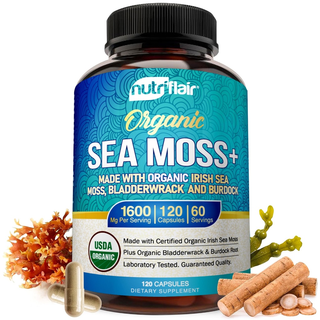 NutriFlair Organic Sea Moss 1600mg, 120 Capsules Plus Bladderwrak & Burdock - Prebiotic Super Food - Immune System & Digestief Health - Thyroid, Healthy Skin, Keto Detox, Gut