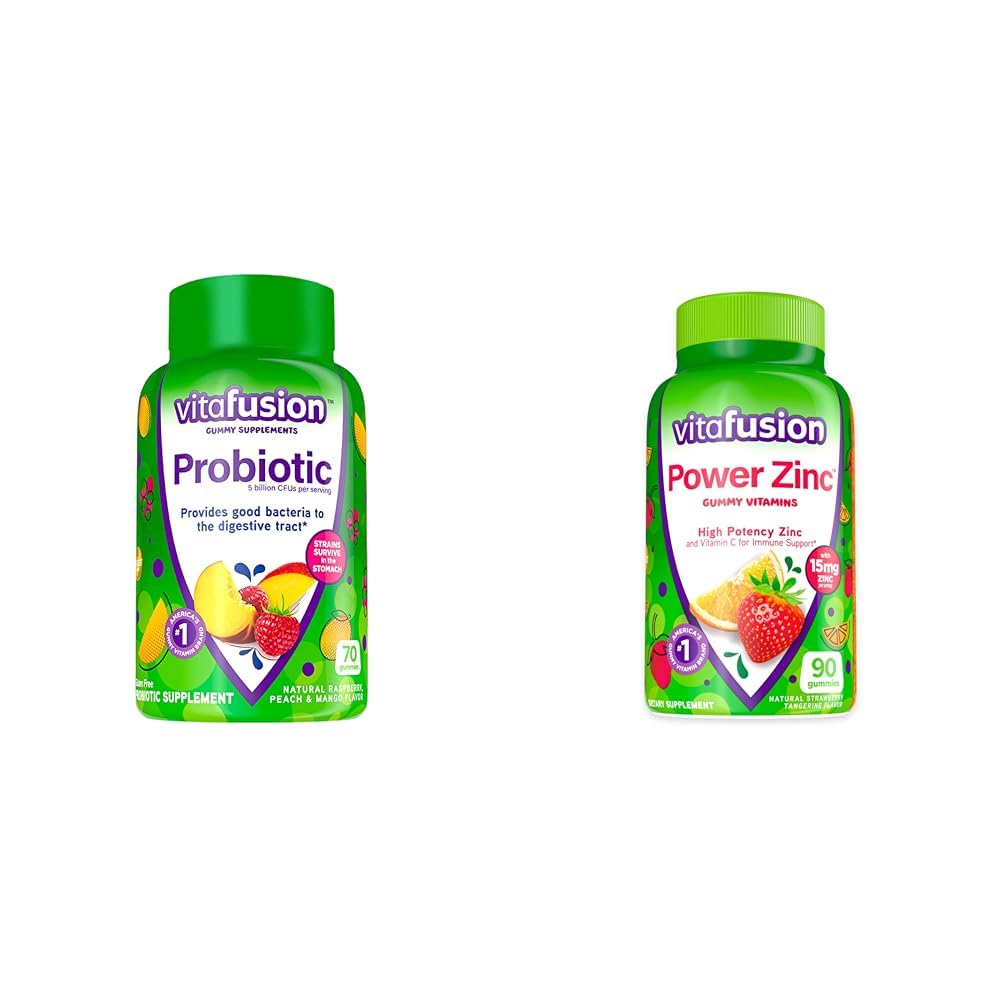 Vitafusion Probiotic Gummy Supplementen, Framboos, Perzik en Mango Smaken, 35 Dagen Supply, 70 Tell Power Zink Gummy Vitaminen, Aardbei Tangerine Smaak, 90 Tellen