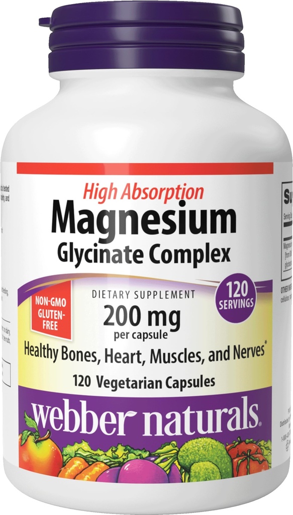 Webber Naturals Magnesium Glycinate Complex 200 mg, 120 Vegetarische Capsules, Hoge Absorptie Formule, Ondersteunt Bones, Hart, Spieren & Zenuwen, One-per-Day, Vegan, Nieuw Label!
