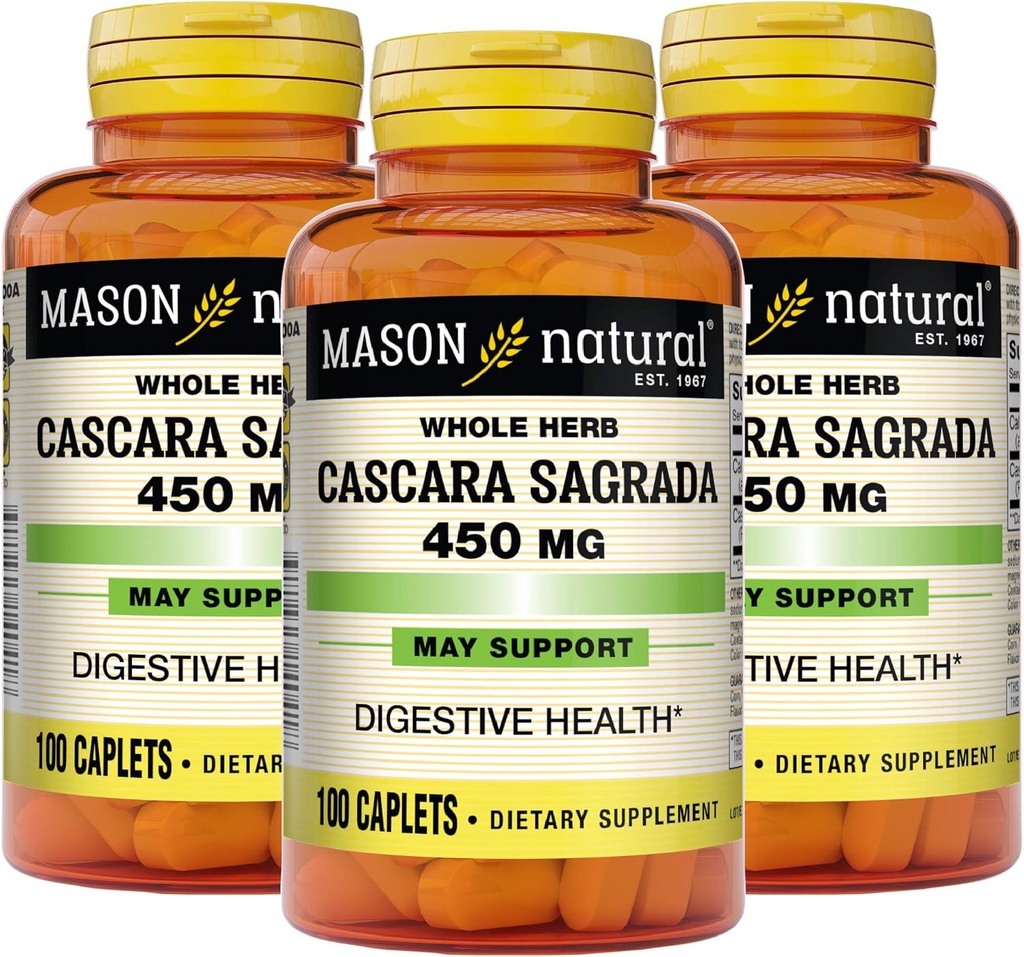 Mason Natural Cascara Sagrada 450 mg, kruidensupplement voor normale spijsverteringsfunctie ondersteuning, 100 caplets (pakket van 3)