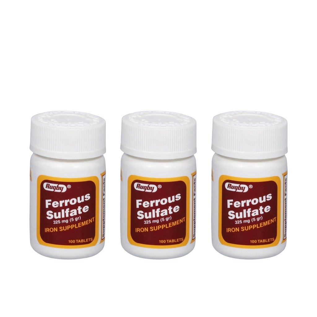 Rugby Ferrous Sulfate 325 mg tabletten - IJzer Supplement voor vrouwen en mannen - 100 Tellen (3 Verpakking)