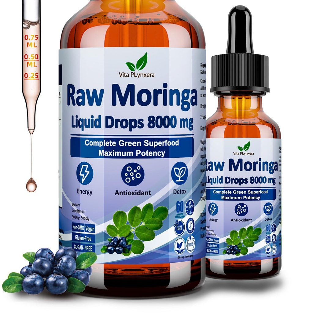 Raw Moringa Liquid Drops 8000 mg, Organic Moringa Oleifera Leaf Extract w. Supergreens Blend of Wheatgrass, Barley Grass for Antioxidant, Energy & Immune, High Potentie Than Capsules Powder
