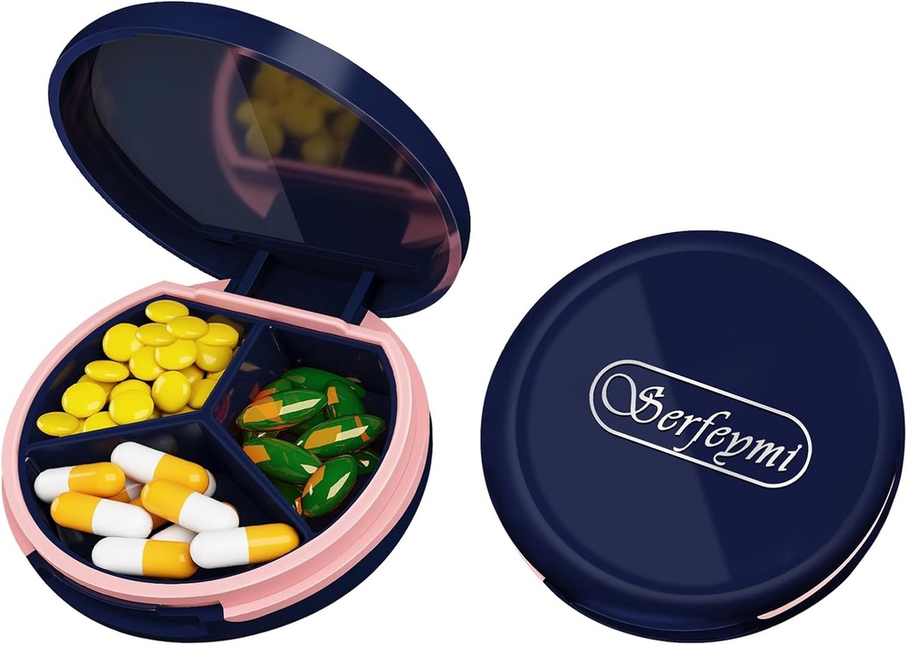 Serfeymi Small Pill Box - 3 Compartments Portable Pill Box for Purse Pocket, Compact Mini Travel Pill Case - Geschikt voor geneeskunde, vitamine, visolie, supplementen - Donkerblauw(Logo)