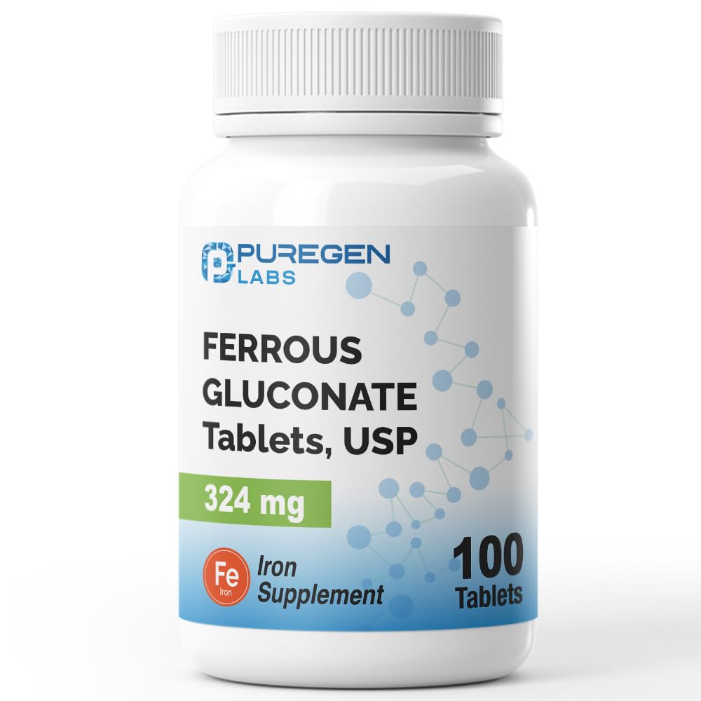 Pureen Labs Ferrous Gluconaat 324 mg [High Potency] IJzersupplement, zacht op de maag - 100 tabletten