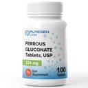 Pureen Labs Ferrous Gluconaat 324 mg [High Potency] IJzersupplement, zacht op de maag - 100 tabletten