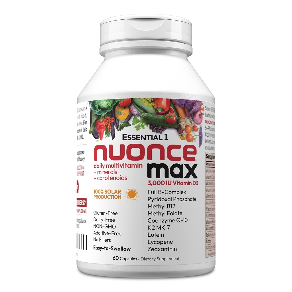 ANDREW LESSMAN Essential-1 nuonce max Multivitamine 3000 IE Vitamine D3 60 Kleine Capsules. 100 mcg Methyl B12. CoQ10 Luteïne Lycopeen Zeaxanthine. Hoge Potentie. Geen additieven. Ultra-Mild One Dagelijkse Capsule