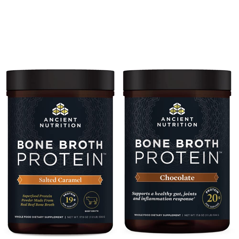 Oude voeding Bone Broth Proteïne Poeder, Gezouten Karamel, 20 porties + Bone Broth Proteïne Poeder, Chocolade, 20 porties