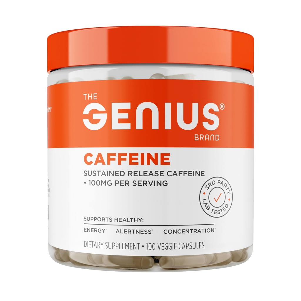 Genius Cafeïne - Sustained-Release Microencapsulated Cafeïne Pillen voor gladde, langdurige energie & Focus - Geen Jitters of Crash - 100 mg per capsule - 100 porties - Natural Performance Booster