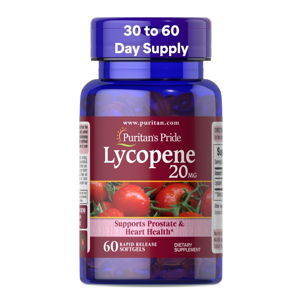Puritan's Pride Premium Lycopeen 20mg, Dieetsupplement voor Prostaat, Antioxidant, Hartgezondheid, en algemene gezondheidsondersteuning, 1 maand levering, 60 snelle release Softgels
