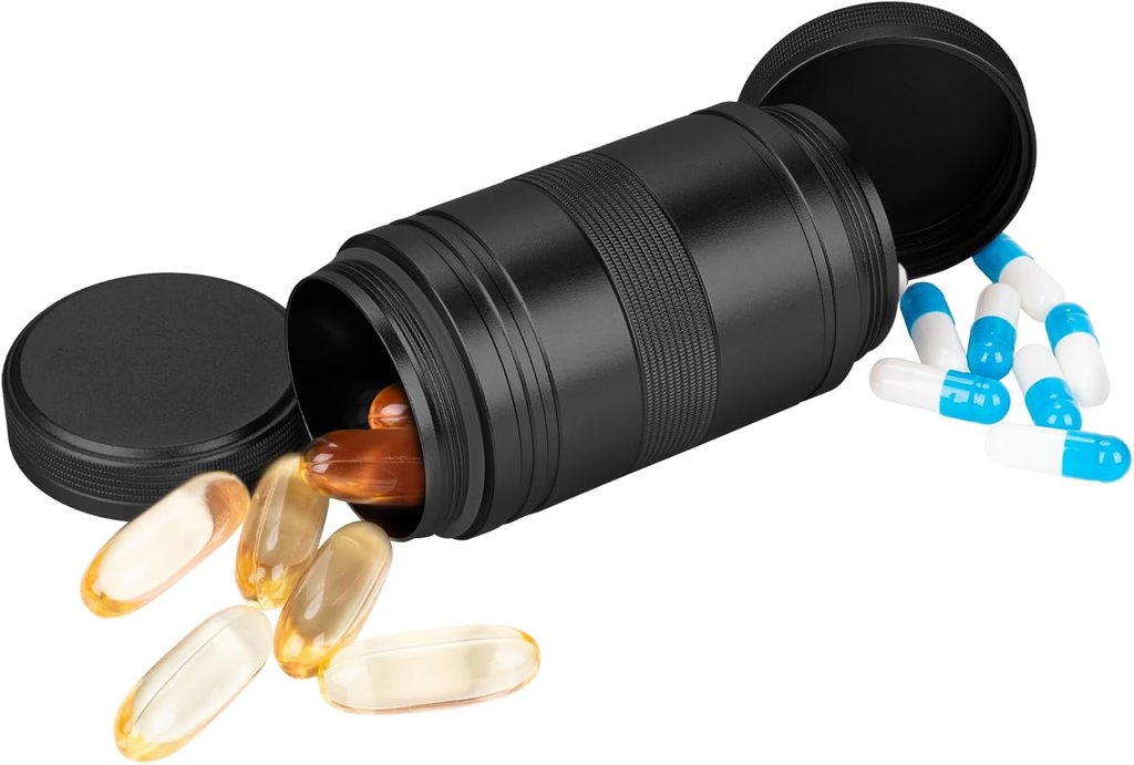 Metal Pill Box 2 keer per dag - Portable Waterproof Small Pill Case (AM PM), Travel Daily Pill Container, Compact Pill Holder Medicine Organizer voor pillen/Vitamine/Vish Oil/Supplements, Zwart