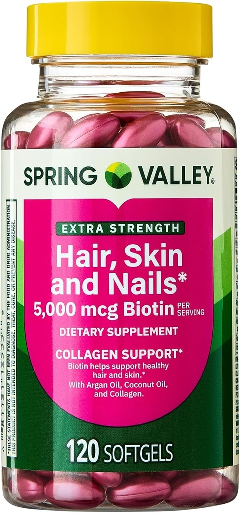 Spring Valley Extra Strength Hair, Skin, & Nails Collagen Support Softgels, 5000 mcg Biotin, 120 Count, Biotin for Hair Nail Skin Support, Vitamins for Women