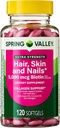Spring Valley Extra sterkte Haar, Huid, & Nagels Collagen Ondersteuning Softgels, 5000 mcg Biotine, 120 Telling, Biotine voor haar Nagel huid ondersteuning, Vitaminen voor vrouwen