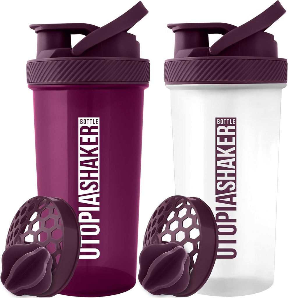 Utopia Home Protein Shaker Bottle - (Pack of 2) 28-Ounce Shaker Bottles For Protein Mixes - Fitness Sports Classic Protein Mixer Shaker Bottle (Plum & Clear/Plum)