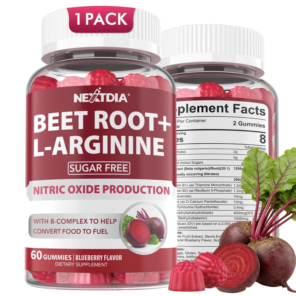 Beetwortelgummy's & L-Arginine, stikstofoxidesupplementen voor mannen en vrouwen met biologische bieten, B1, B2, B3, B5, B6, Folaat, B12 voor energieboost & Circulatiesteun, suikervrij, 60 Ct