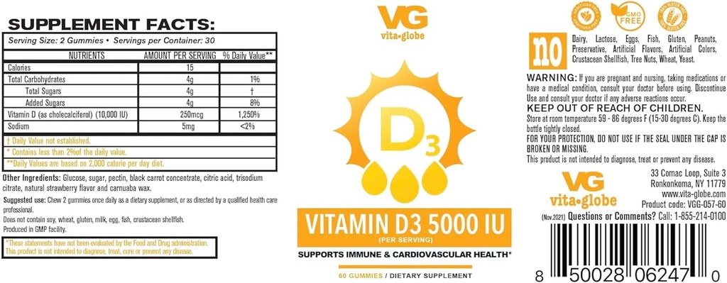 VITA GLOBE Vitamine D3 10.000IE met zink en echinacea Gummy - Ondersteunt gezond immuunsysteem, sterke botten, tanden en spieren, 120 Telling (2-pack)