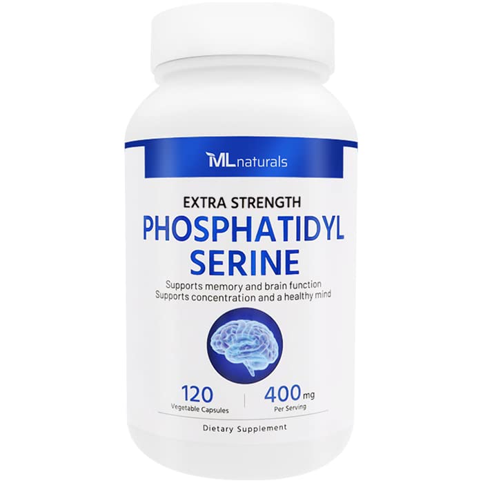 ML Naturals Fosfatidyl Serine 400 mg (hoge dosering) 120 plantaardige capsules. Ondersteunt geheugen- en hersenfunctie, niet-GMO, NSF-gecertificeerd en cGMP-compliant