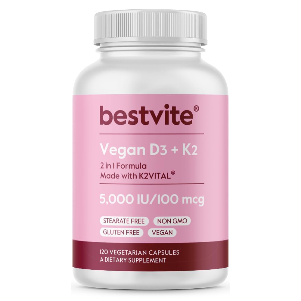 BESTVITE Vegan Vitamin D3 5000 IU + Vitamin K2 100 mcg as MK-7 (120 Vegetarian Capsules) - No Stearates - Vegan - Non GMO - Gluten Free