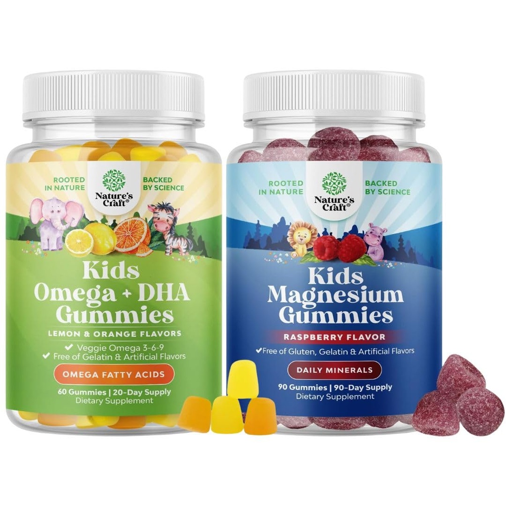 Bundle of Omega DHA Gummies for Kids - Fatty Acids Omega 3 6 9 met vitamine C voor hersenen, immuniteit & visie en kinderen Magnesium Gummies - Mag Citrate for nerve Health Muscles & Healthy Heart Ondersteuning