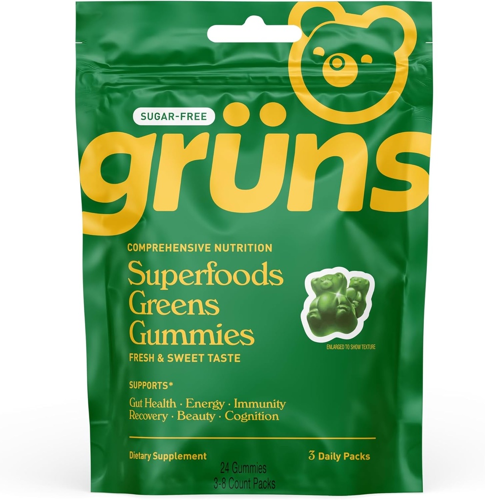 Gruns Sugar Free Super Greens Gummy Bears - Organische Spirulina en Chlorella, Prebiotica voor de spijsvertering gezondheid, 20+ Vitaminen en Mineralen, Adaptogenen - 3 sachets - 24 Gummies