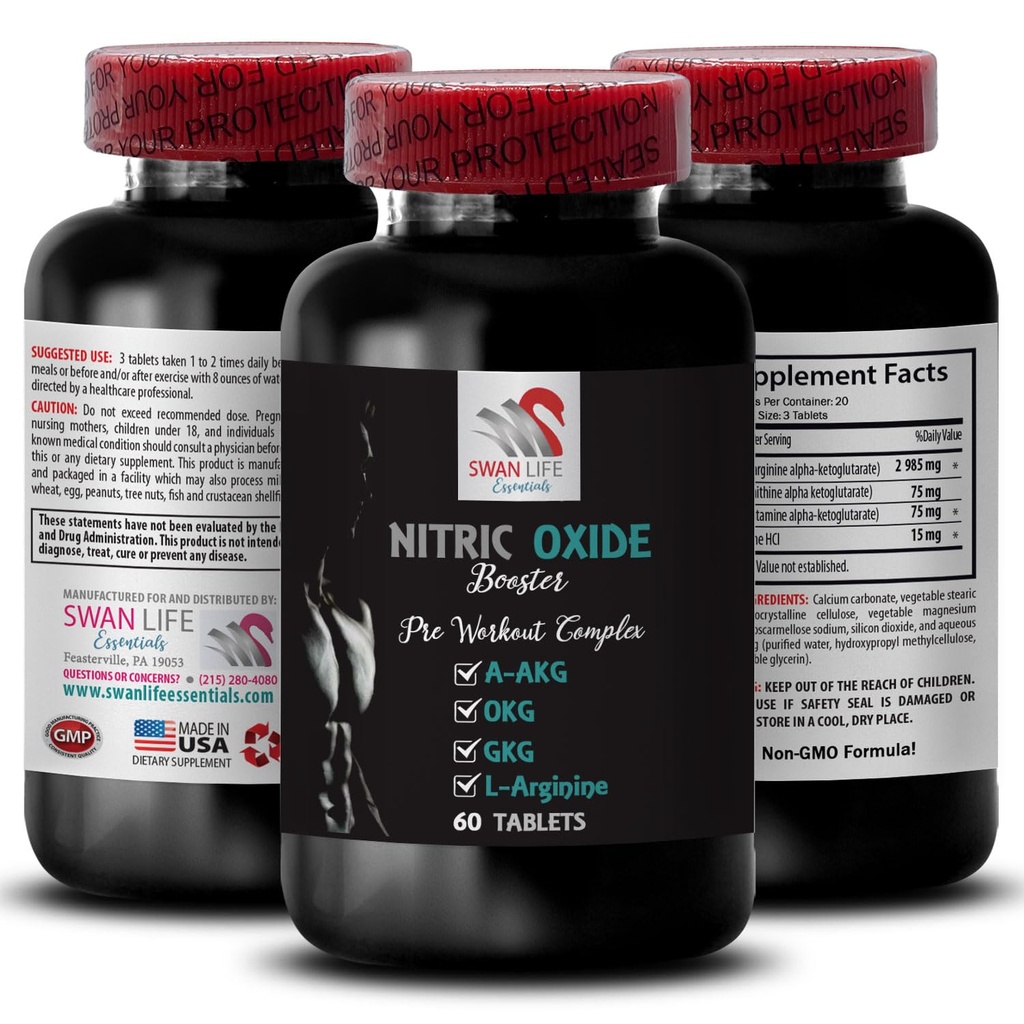 A-AKG, stikstofoxide - Nitric oxide Booster - Oefeningssupplement, Power Boost, sterkteversterker, endurancemix, uithoudingsvermogensverhoging, prestatiebooster, herstelformule, spierfocus 1 fles 60 tabbladen